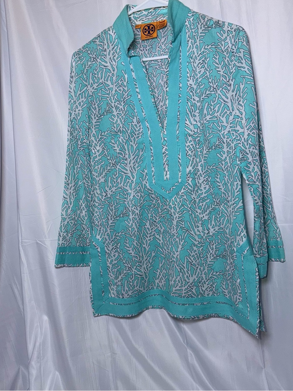 Tory Burch Turquoise Printed V-Neck Tunic Top